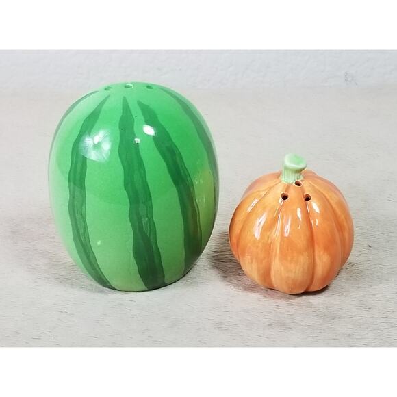 Halloween Pumpkin Salt & Pepper Shakers Watermelon Fruit Ceramic Green Orange - Picture 7 of 13